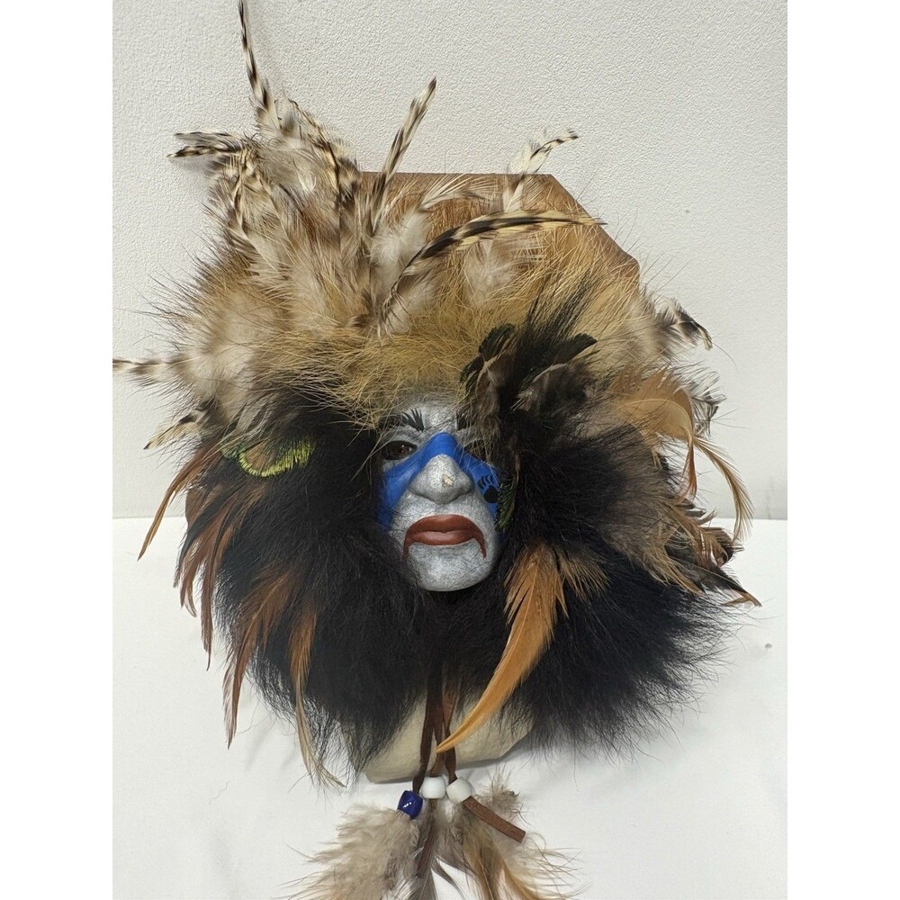 Vintage Following Eyes Spirit Mask Feather Fur Hand Painted Wall Art Folk Art